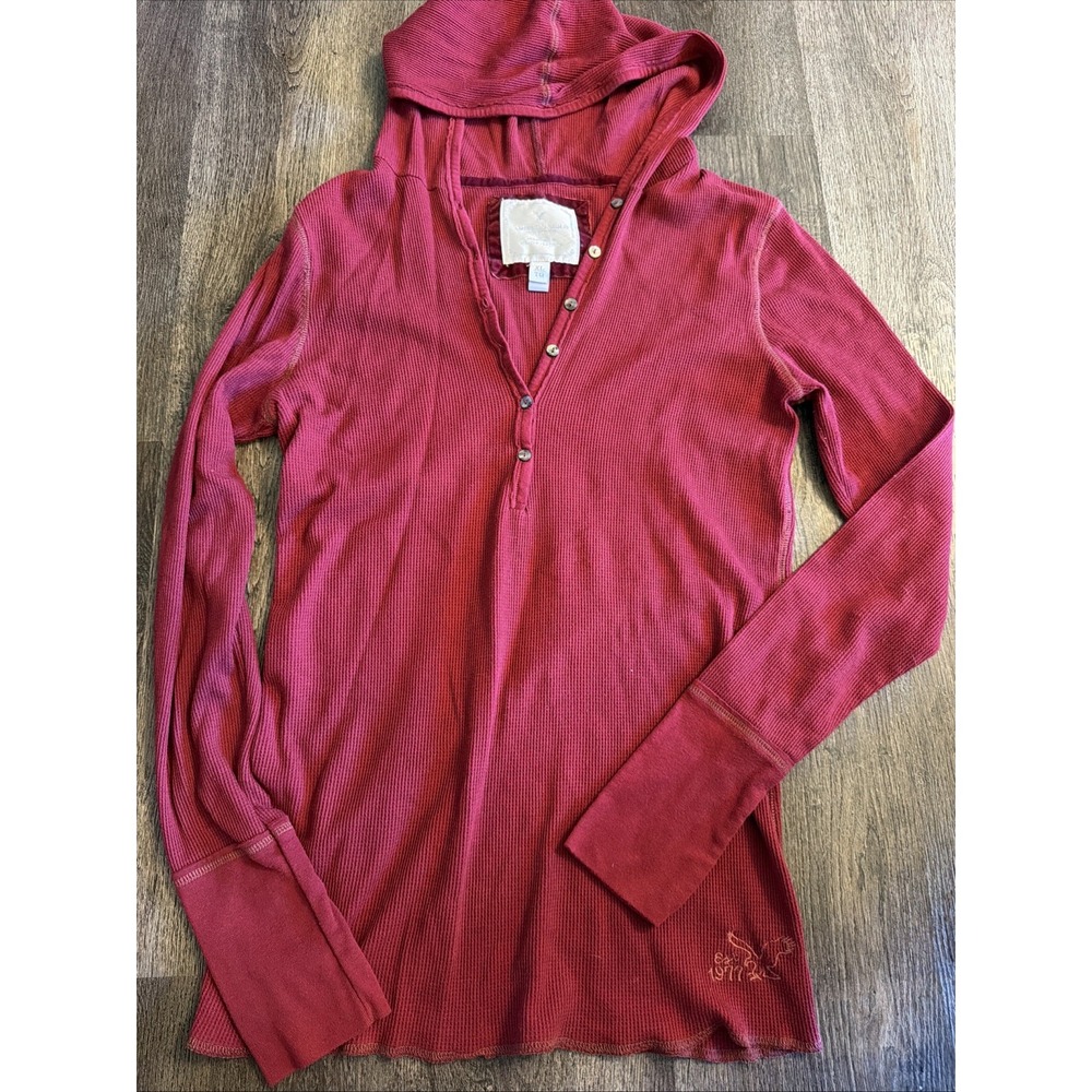 Y2K Vintage American Eagle Hooded Long Sleeve Henley Ribbed Women's Size XL